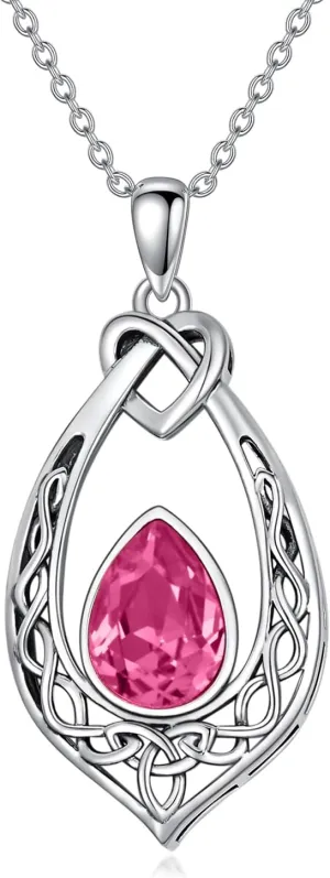AOBOCO Celtic Knot Necklace 925 Sterling Silver Oxidized Vintage Love Knot Pendant Necklace with Simulated Birthstone Crystal, Birthday Christmas Jewellery Gifts for Women