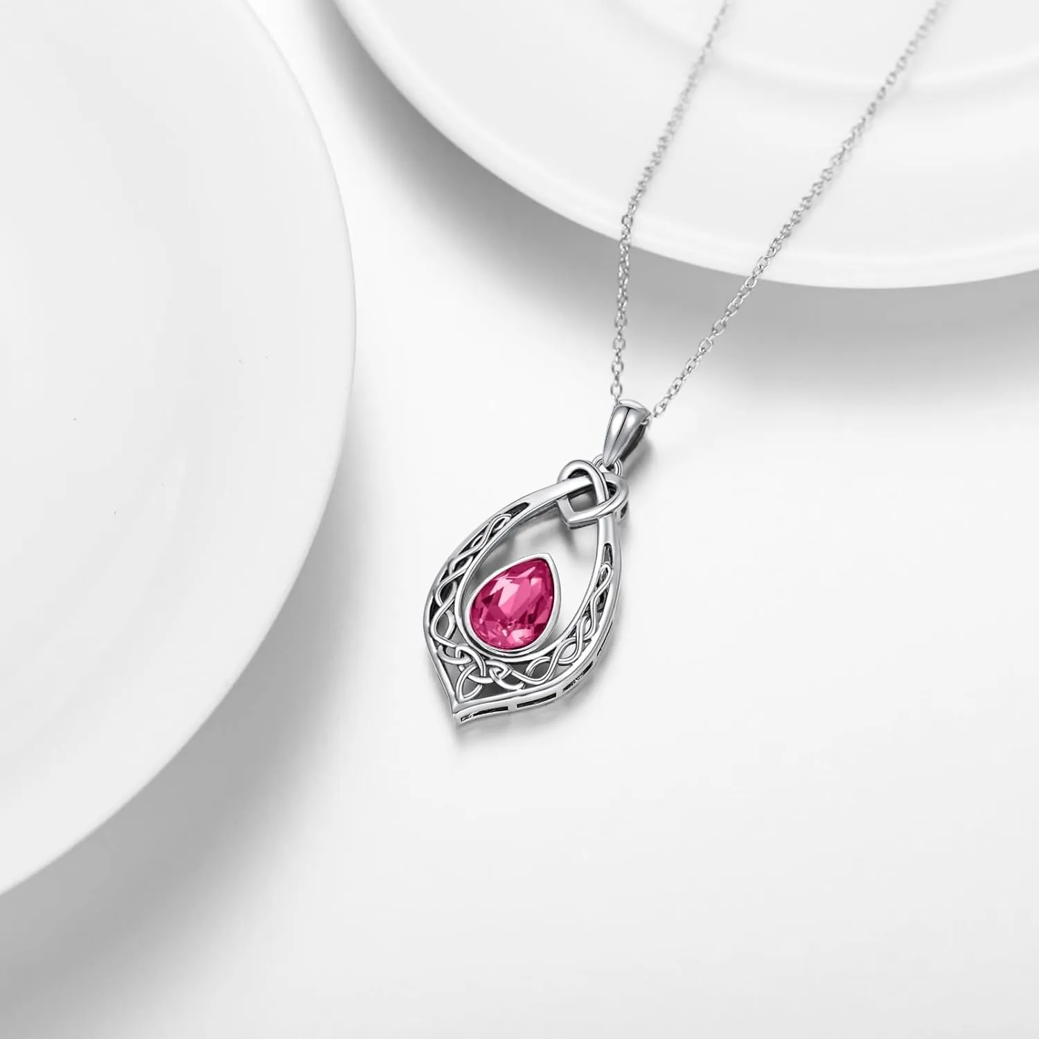 AOBOCO Celtic Knot Necklace 925 Sterling Silver Oxidized Vintage Love Knot Pendant Necklace with Simulated Birthstone Crystal, Birthday Christmas Jewellery Gifts for Women