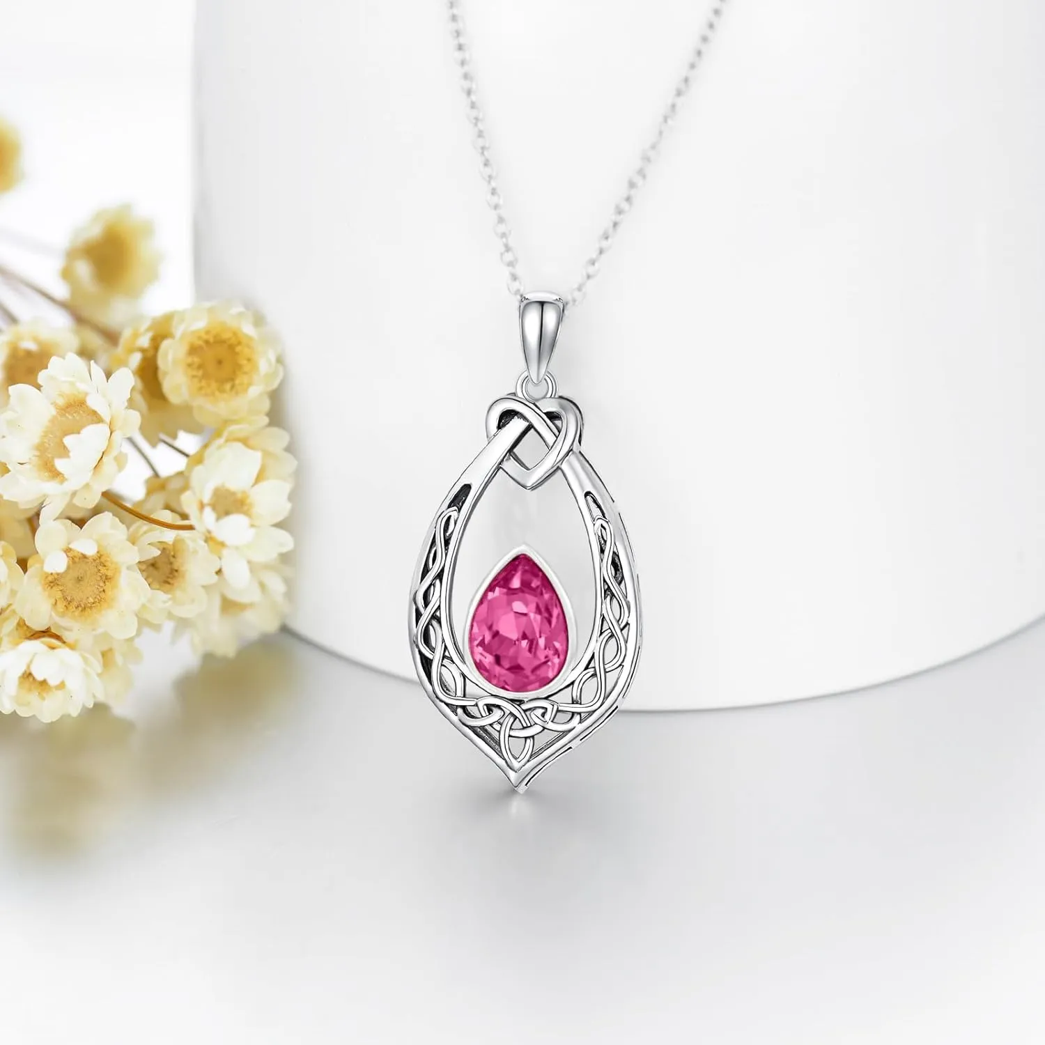 AOBOCO Celtic Knot Necklace 925 Sterling Silver Oxidized Vintage Love Knot Pendant Necklace with Simulated Birthstone Crystal, Birthday Christmas Jewellery Gifts for Women