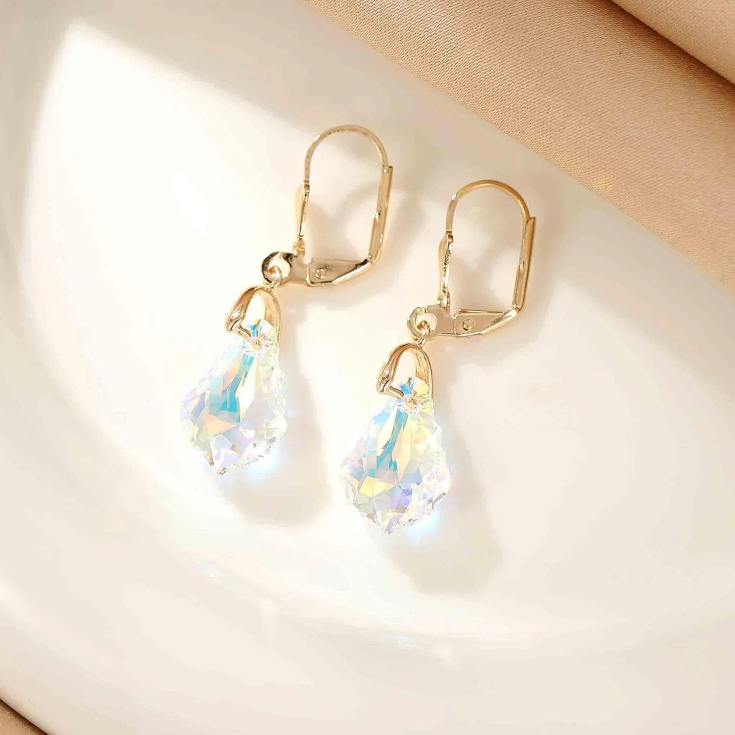 Austrian Crystal Baroque Drop Leverback Earrings for Women Fashion 14K Gold Plated Hypoallergenic Jewelry