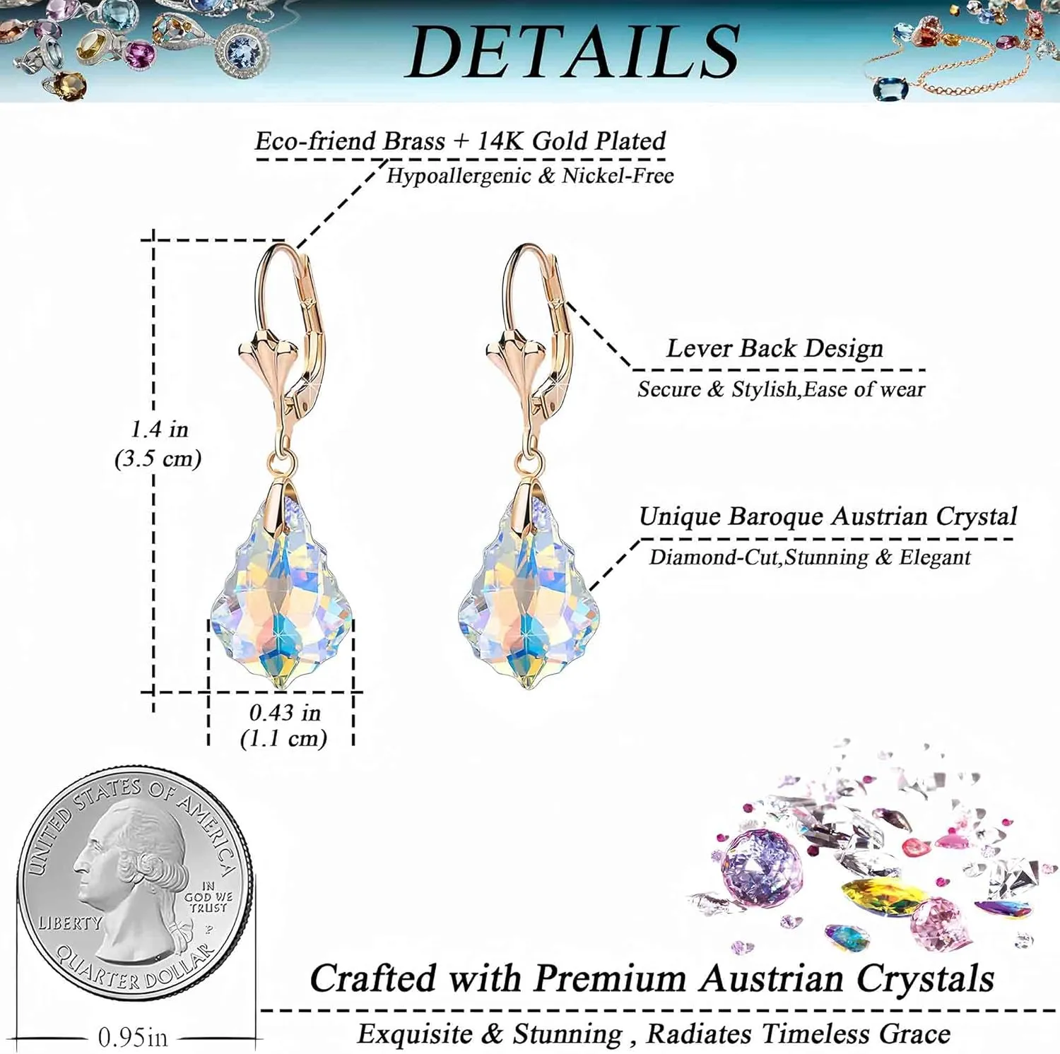 Austrian Crystal Baroque Drop Leverback Earrings for Women Fashion 14K Gold Plated Hypoallergenic Jewelry