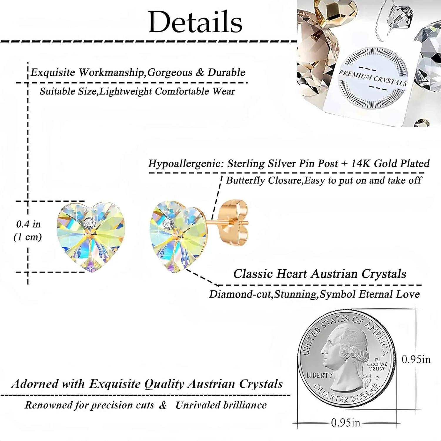 Austrian Crystal Heart Stud Earrings for Women, 925 Sterling Silver Hypoallergenic Fashion Jewelry