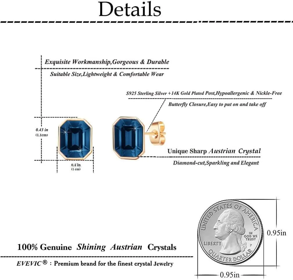 Austrian Crystal Octagon Stud Earrings for Women Fashion 925 Sterling Silver Hypoallergenic Jewelry