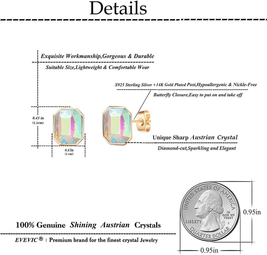 Austrian Crystal Octagon Stud Earrings for Women Fashion 925 Sterling Silver Hypoallergenic Jewelry