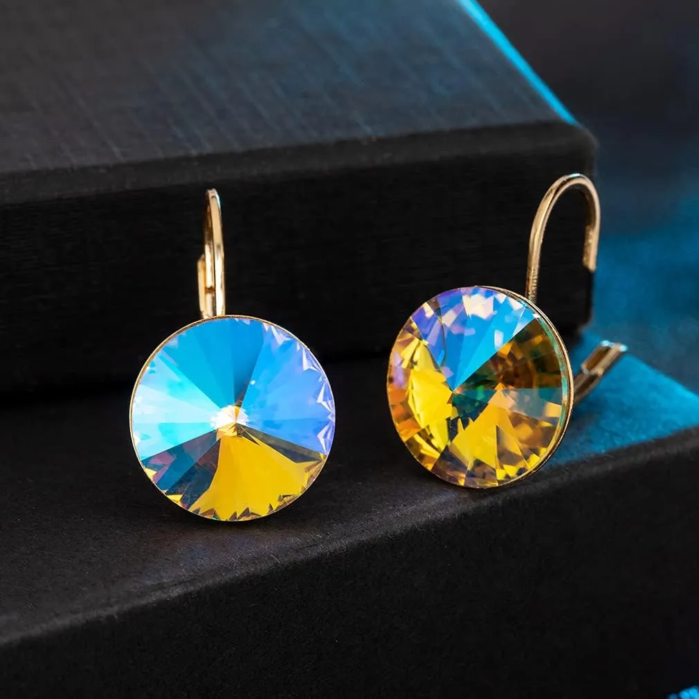 Austrian Crystal Round Drop Earrings for Women 14K Gold Plated Hypoallergenic Leverback Hoop Earrings