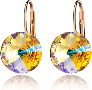 Austrian Crystal Round Drop Earrings for Women 14K Gold Plated Hypoallergenic Leverback Hoop Earrings