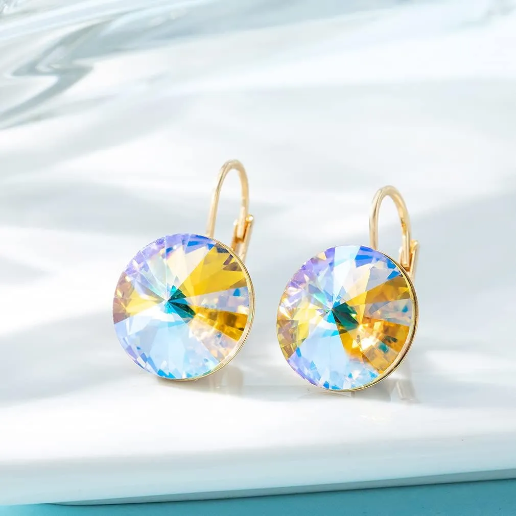 Austrian Crystal Round Drop Earrings for Women 14K Gold Plated Hypoallergenic Leverback Hoop Earrings