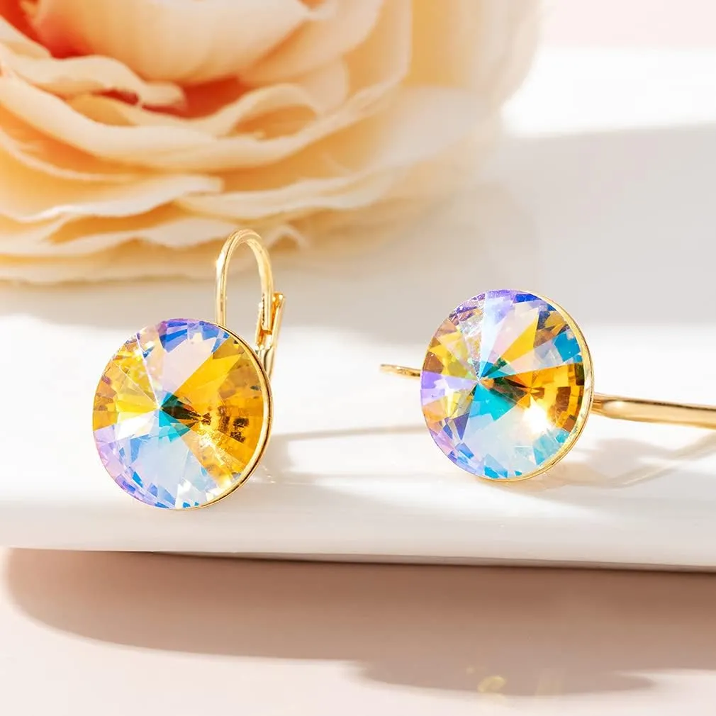 Austrian Crystal Round Drop Earrings for Women 14K Gold Plated Hypoallergenic Leverback Hoop Earrings
