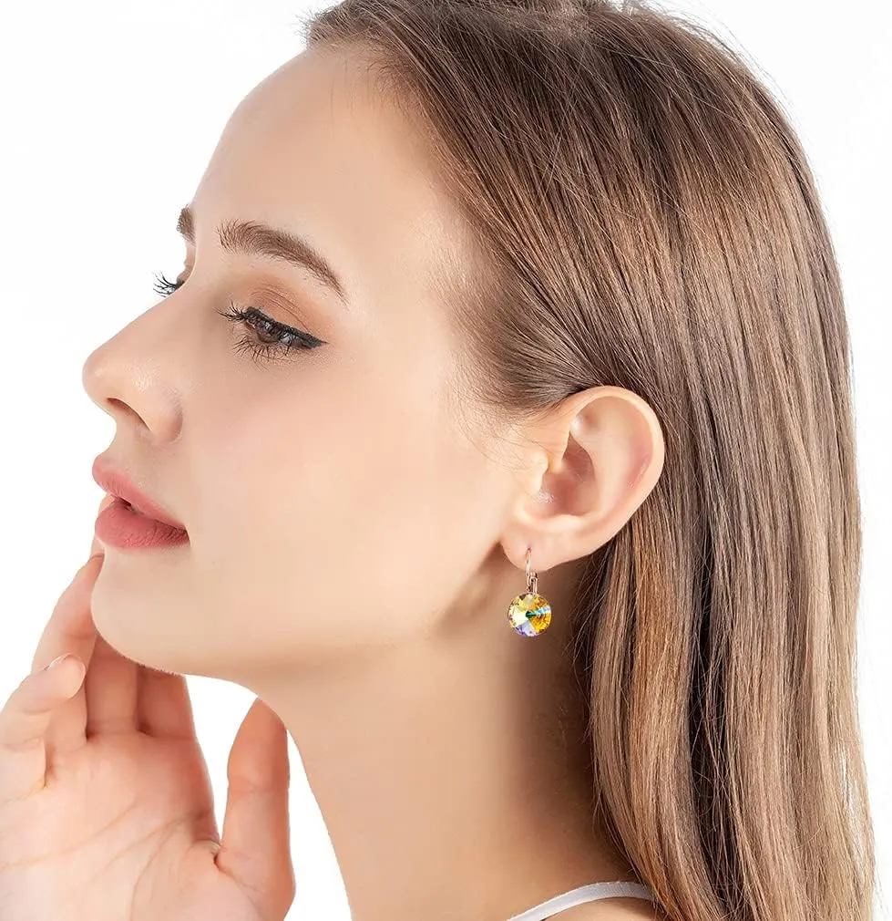 Austrian Crystal Round Drop Earrings for Women 14K Gold Plated Hypoallergenic Leverback Hoop Earrings