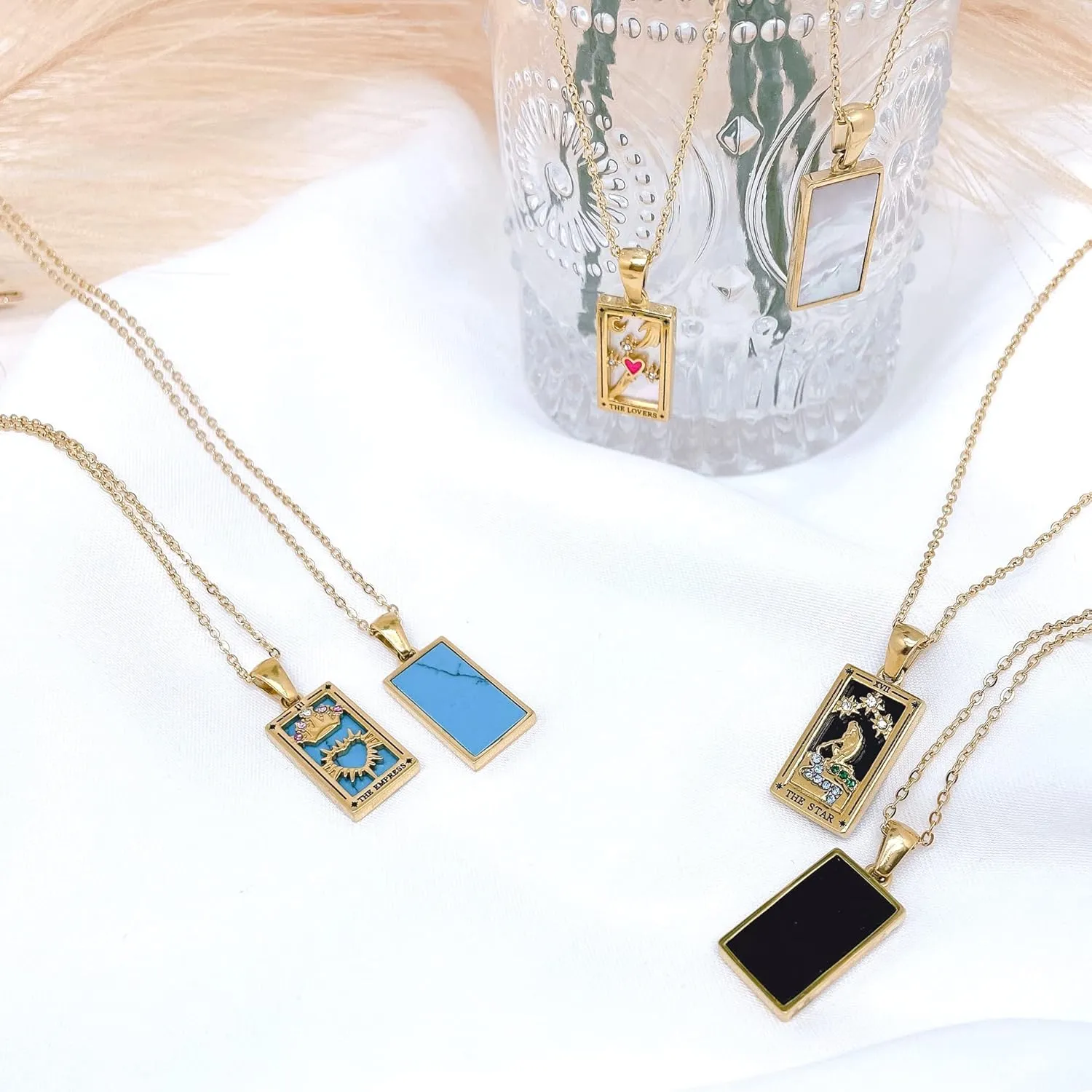 AYNN 18k Gold Plated 316L Stainless Steel Square Colorful Enamel Tarot Cards Pendant Necklace Jewelry Hypoallergenic