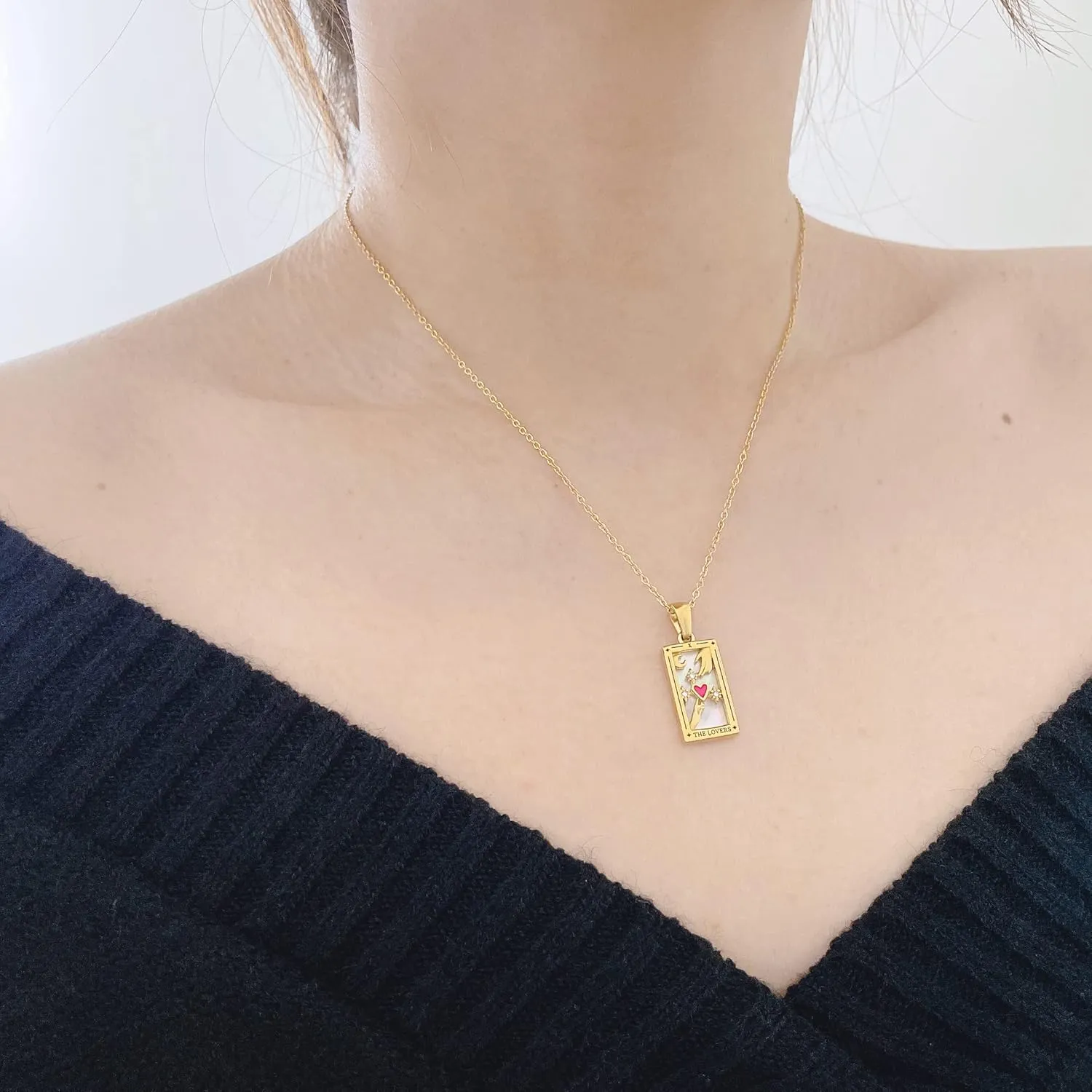 AYNN 18k Gold Plated 316L Stainless Steel Square Colorful Enamel Tarot Cards Pendant Necklace Jewelry Hypoallergenic