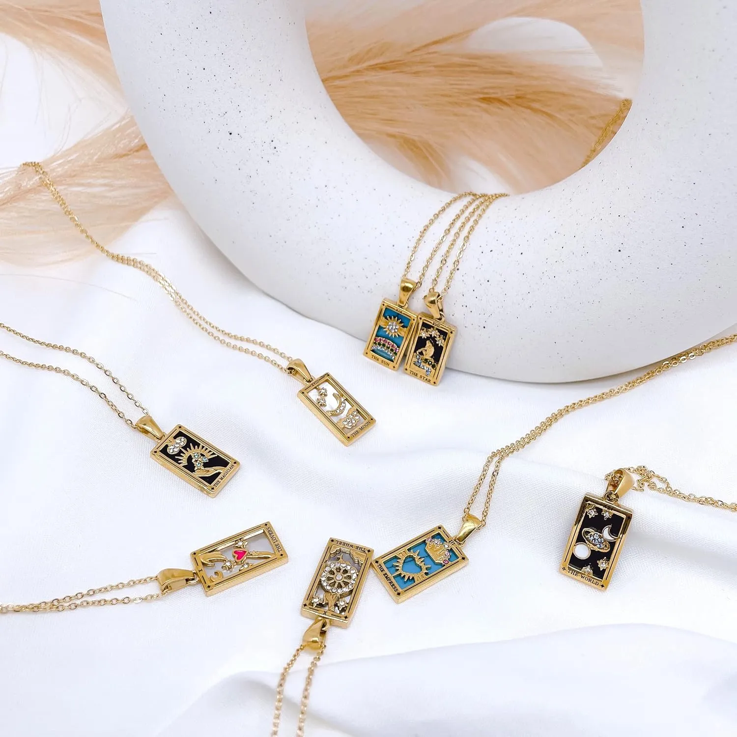 AYNN 18k Gold Plated 316L Stainless Steel Square Colorful Enamel Tarot Cards Pendant Necklace Jewelry Hypoallergenic
