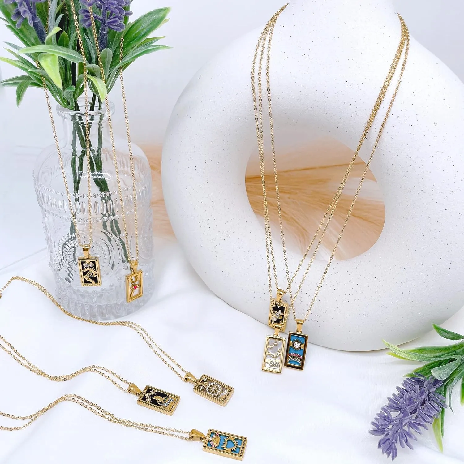 AYNN 18k Gold Plated 316L Stainless Steel Square Colorful Enamel Tarot Cards Pendant Necklace Jewelry Hypoallergenic