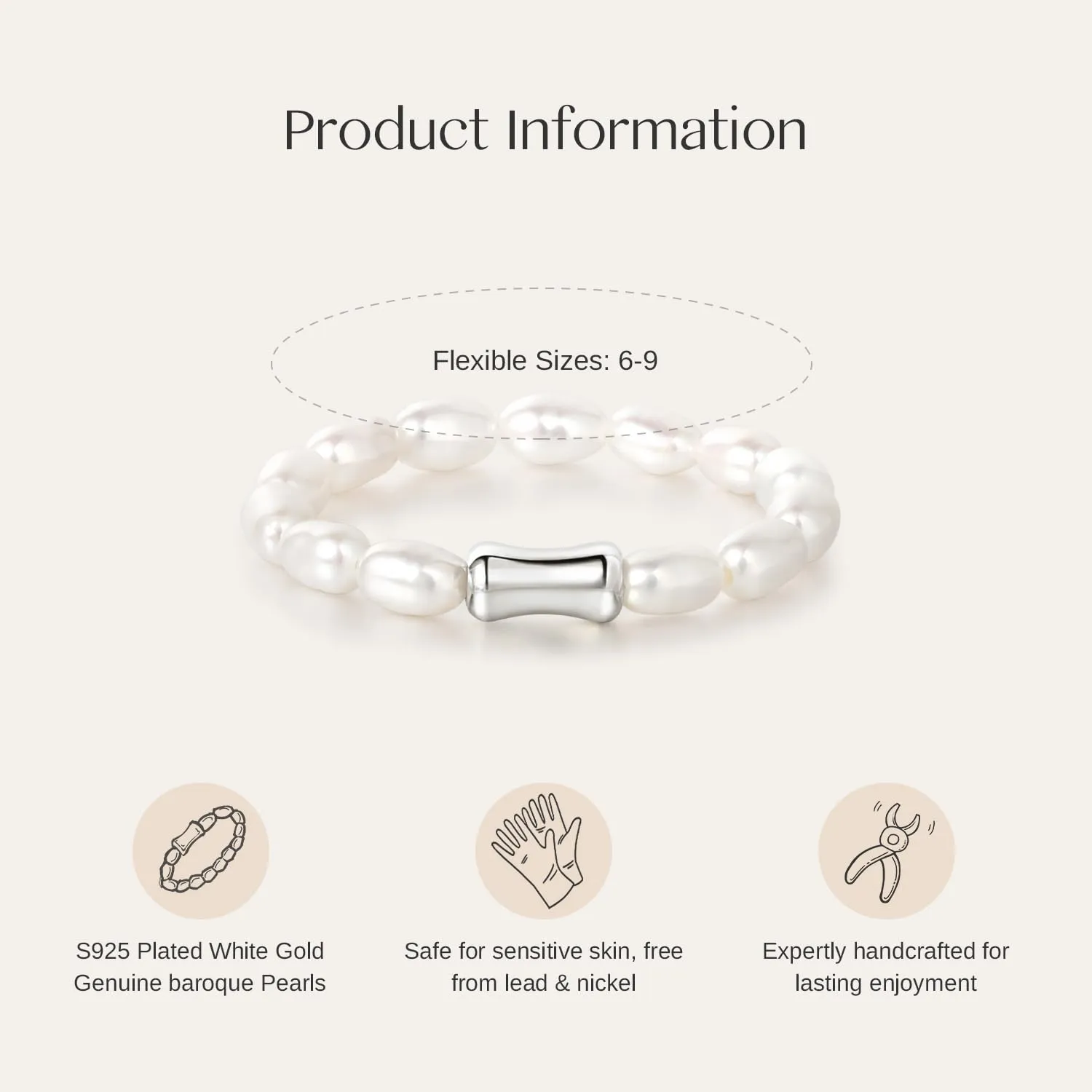 Baroque Pearl Dainty Beaded Rings for Women Stackable Stretch Jewelry Flexible Elastic White Gold Ring Sizes 6-9