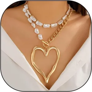 Baroque Pearl Heart Pendant Necklace for Women Chunky Layered Adjustable Hollow Heart Clavicle Chain Vintage Unique Bead Love Choker Y2k Jewelry Gifts