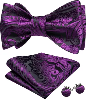 Barry.Wang Mens Bow Ties Paisley Solid Color Self Tie Flower Bowtie Set Handkerchief Cufflinks Silk Wedding Party Classic