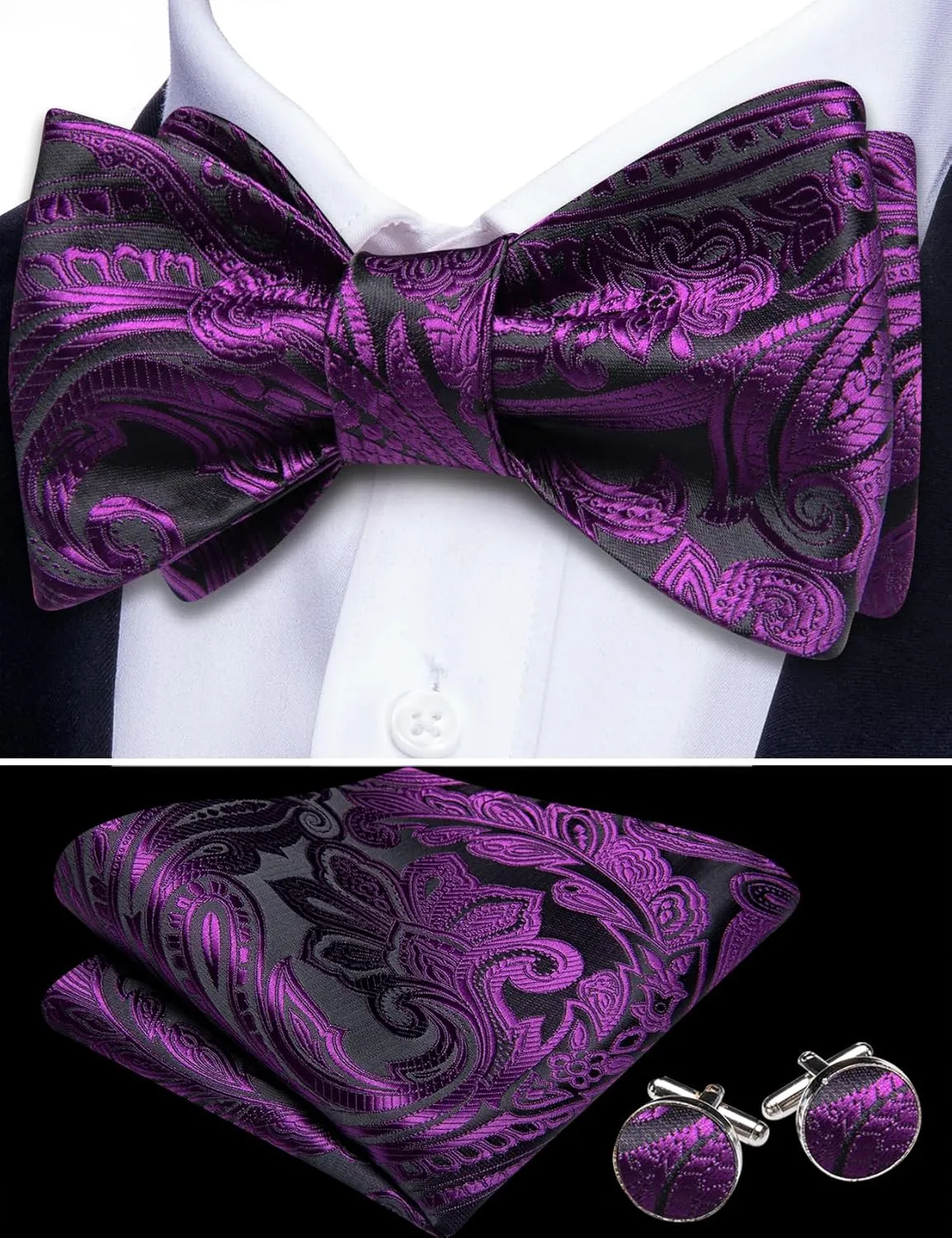 Barry.Wang Mens Bow Ties Paisley Solid Color Self Tie Flower Bowtie Set Handkerchief Cufflinks Silk Wedding Party Classic