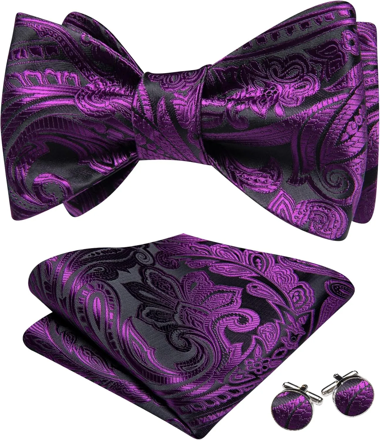 Barry.Wang Mens Bow Ties Paisley Solid Color Self Tie Flower Bowtie Set Handkerchief Cufflinks Silk Wedding Party Classic
