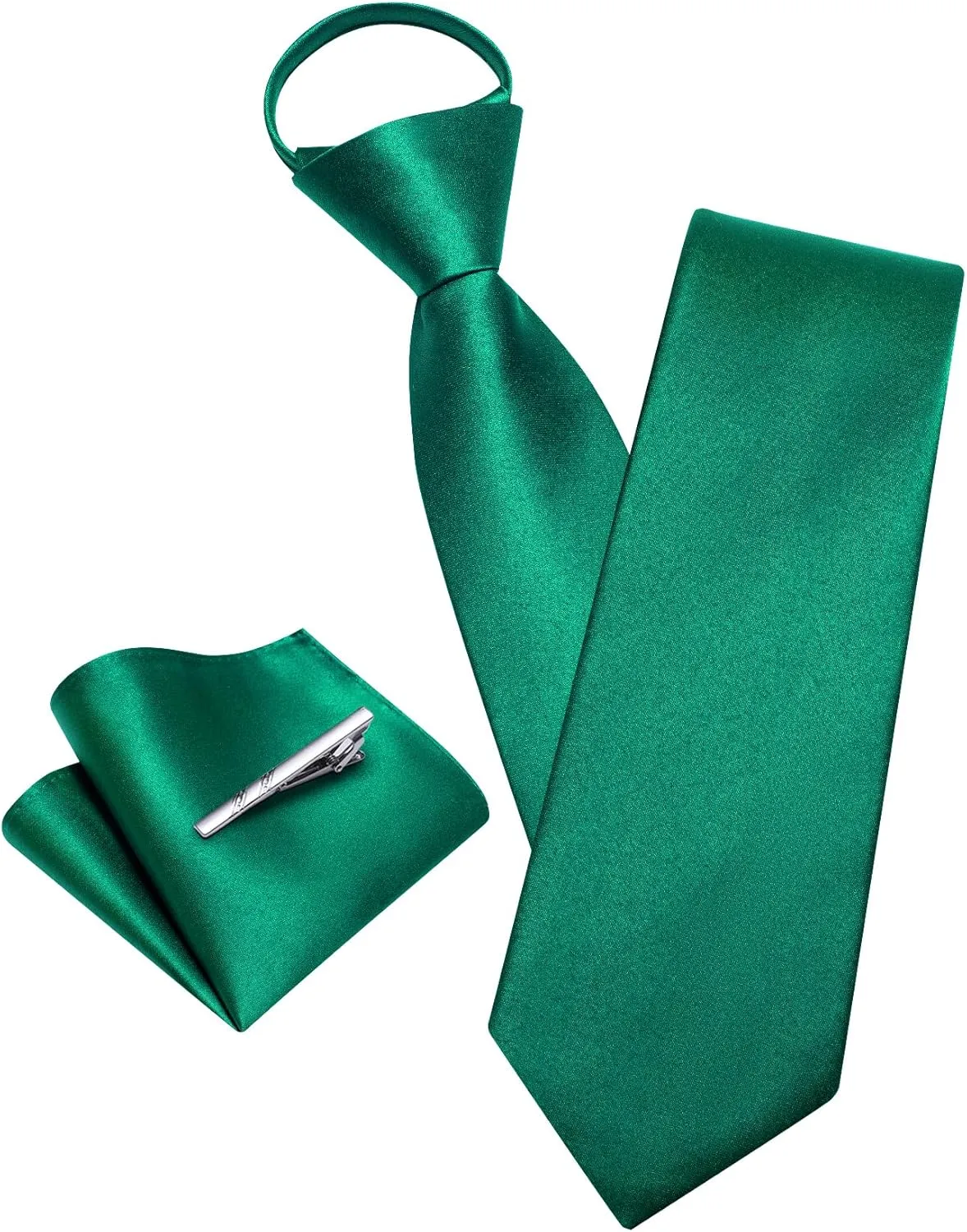 Barry.Wang Solid Color Pre-tied Ties for Men Zipper Necktie and Pocket Square Tie Clip Set Adjustable Neck Tie Wedding