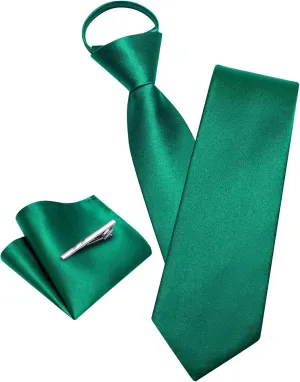 Barry.Wang Solid Color Pre-tied Ties for Men Zipper Necktie and Pocket Square Tie Clip Set Adjustable Neck Tie Wedding