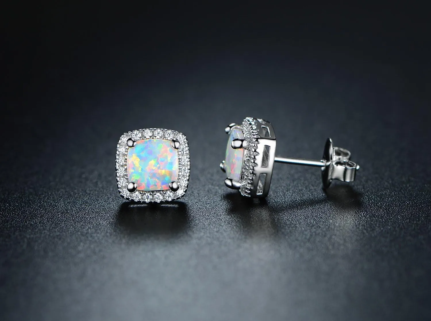 Barzel White Gold Plated Created White Opal Stud Earrings for Women - Made In Brazil