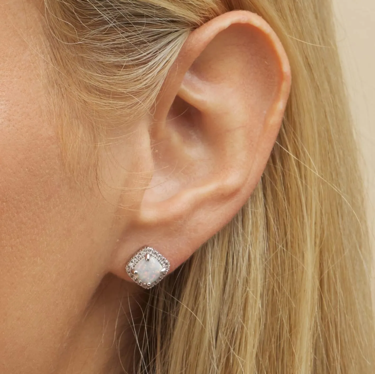 Barzel White Gold Plated Created White Opal Stud Earrings for Women - Made In Brazil