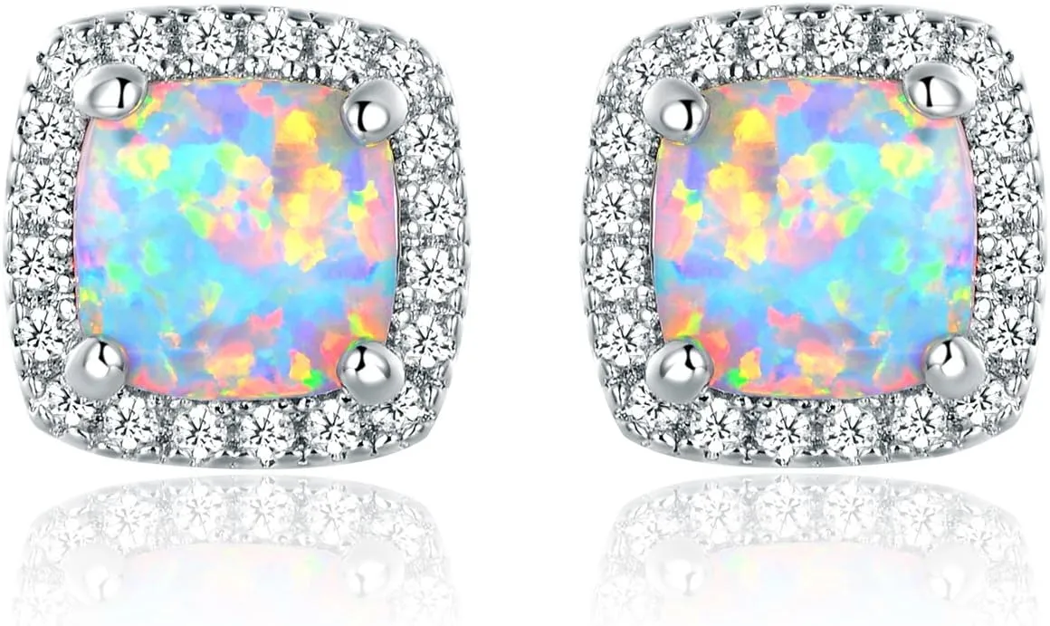 Barzel White Gold Plated Created White Opal Stud Earrings for Women - Made In Brazil