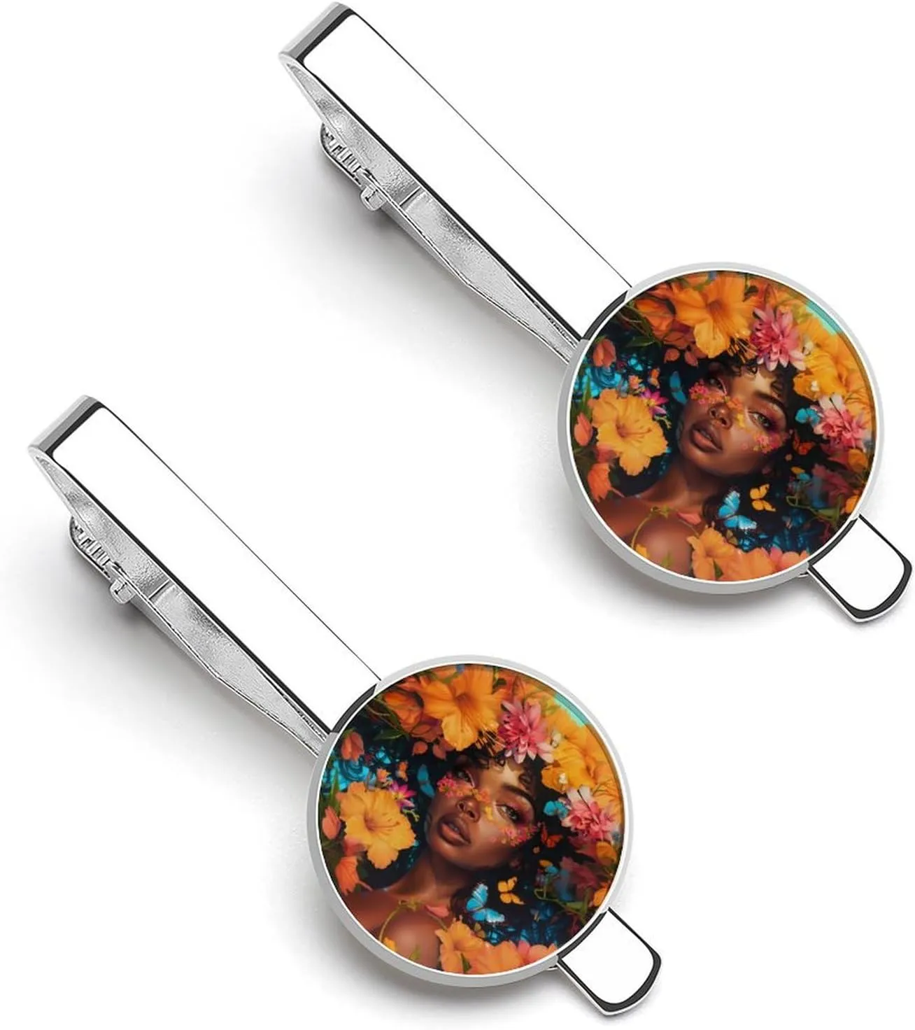 Beautiful Black Woman with Flowers Tie Clip Tack Pins Cufflinks Necktie Bar Pinch Business Wedding Clothing Accessories for Men Women