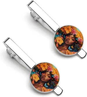 Beautiful Black Woman with Flowers Tie Clip Tack Pins Cufflinks Necktie Bar Pinch Business Wedding Clothing Accessories for Men Women