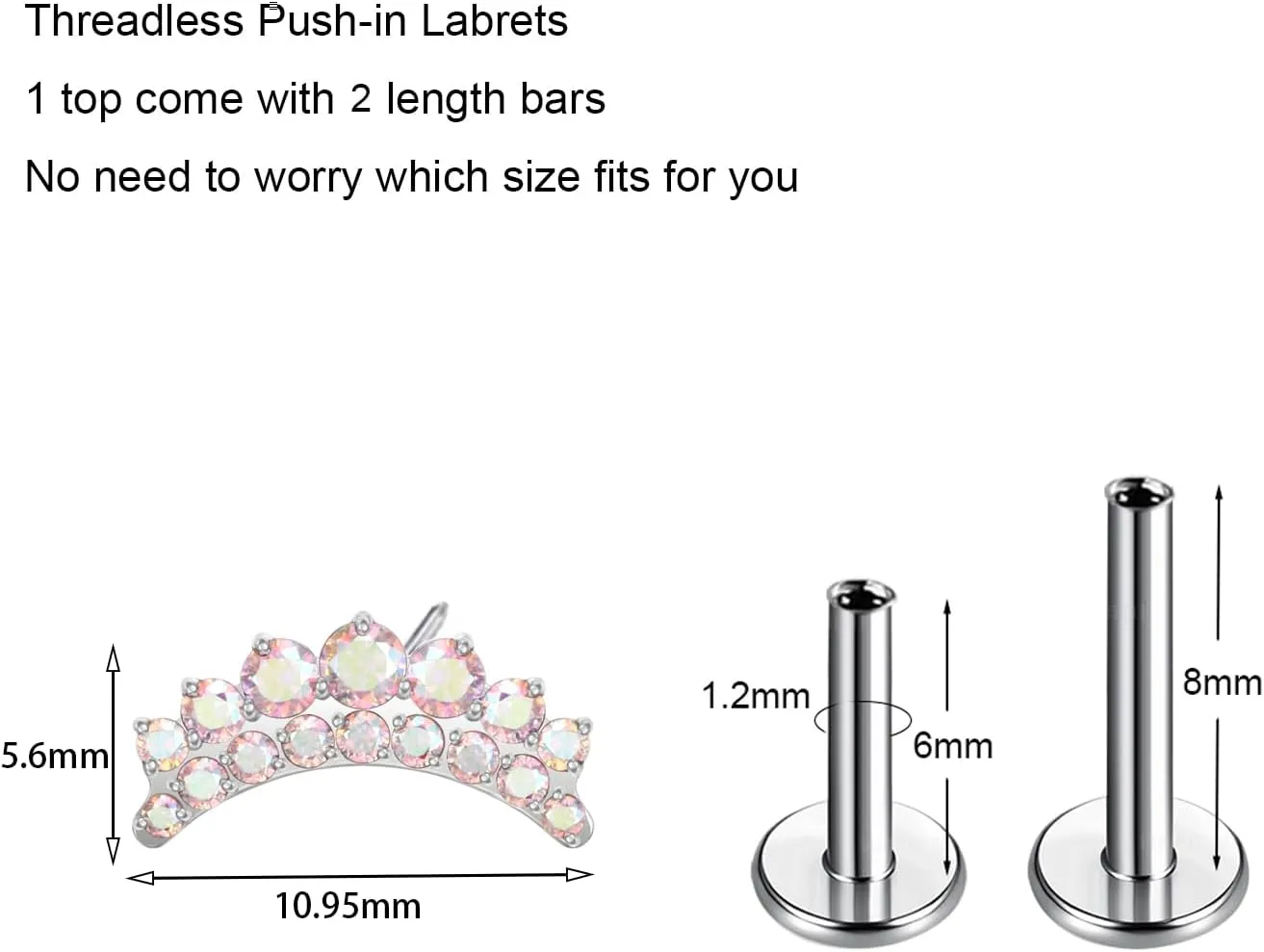 BelezaDosas G23 Titanium Labret Studs Threadless Push-in Labret CZ Press Fit 16G 6mm 8mm Lip Cluster Tragus Helix Medusa Cartilage Monroe Push Back Earring Piercing Jewelry for Men Women