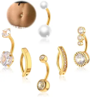 Belly Button Piercing 6pcs Stainless Steel Diamond Belly Rings For Women,Pendant Navel piercing Jewelry (15G,16G)(Gold)