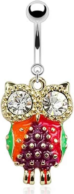 Belly Button Ring Colorful Epoxy Owl with CZ Eyes Dangle Navel Ring 316L Surgical Steel