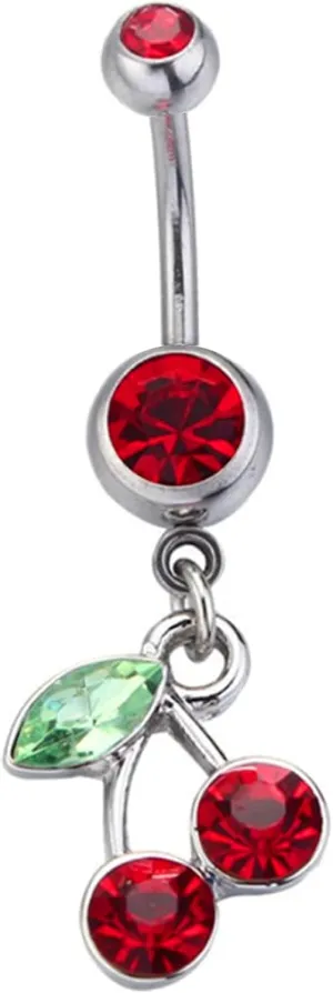 Belly Button Rings 14G 316L Surgical Steel Cute Cherry Dangle Cubic Zirconia Navel Piercing Jewelry