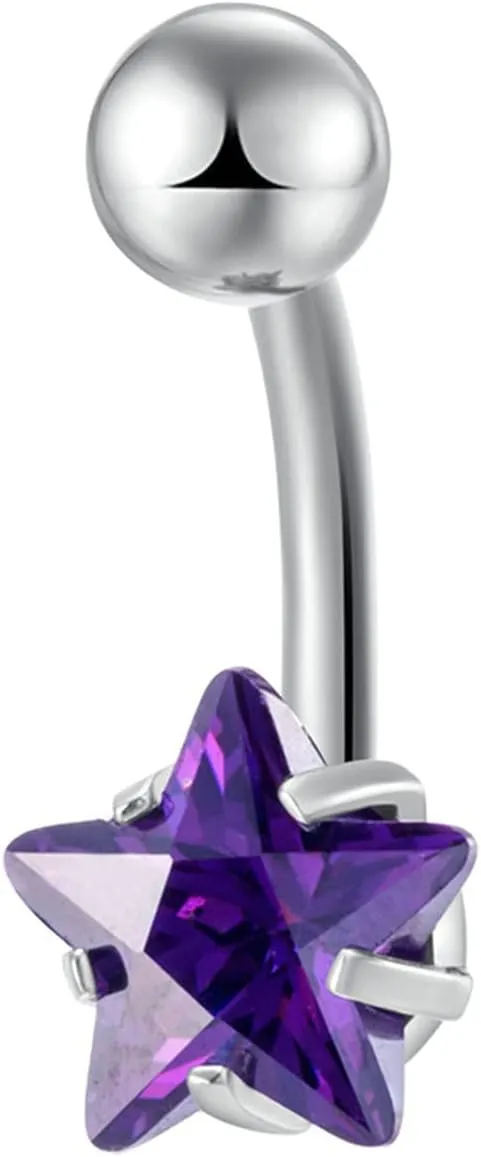 Belly Button Rings Vintage, Surgical Stainless Steel Dangle Navel Rings Purple Star with Cubic Zirconia