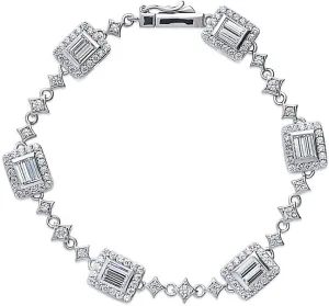 BERRICLE Sterling Silver Vintage Inspired Art Deco Cubic Zirconia CZ Chain Bracelet for Women, Rhodium Plated