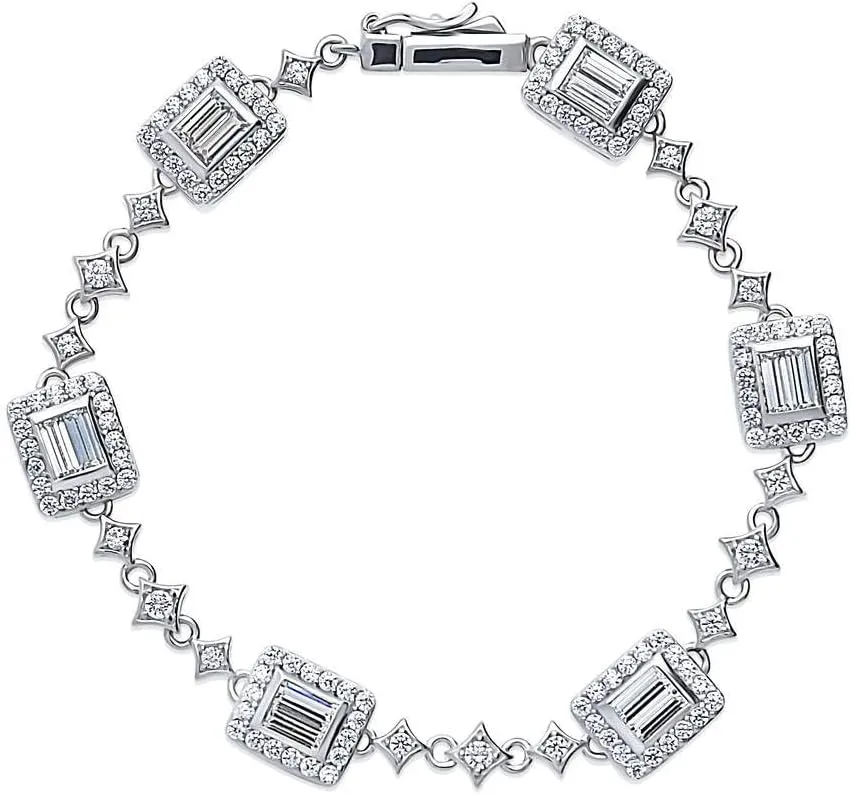 BERRICLE Sterling Silver Vintage Inspired Art Deco Cubic Zirconia CZ Chain Bracelet for Women, Rhodium Plated