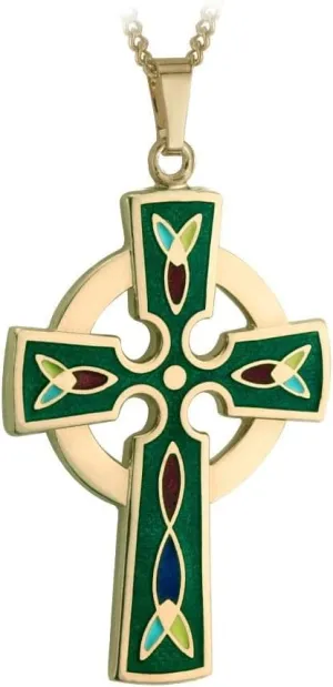 Biddy Murphy Gold Plated Irish Celtic Cross Pendant Necklace for Women, Traditional Green Inlay, 18" Inch Chain