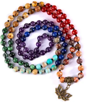 Bivei 7 Chakra 108 Mala Beads Bracelet Real Gemstone Yoga Meditation Hand Knotted Mala Prayer Bead Necklace