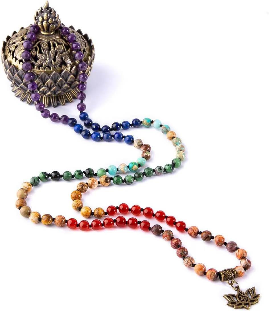 Bivei 7 Chakra 108 Mala Beads Bracelet Real Gemstone Yoga Meditation Hand Knotted Mala Prayer Bead Necklace
