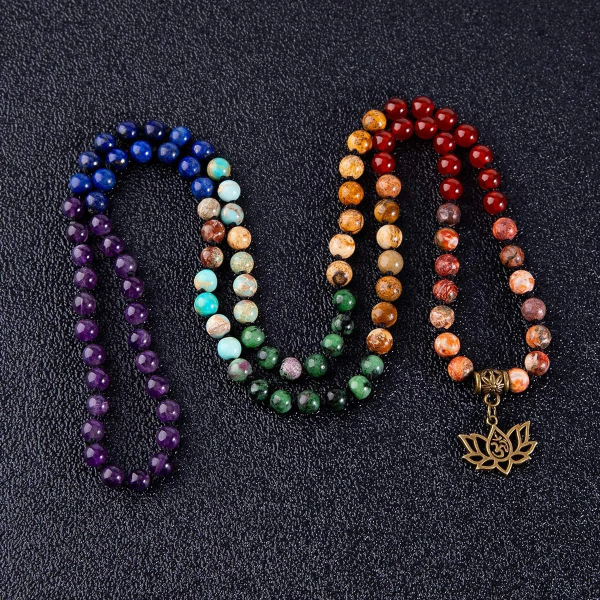 Bivei 7 Chakra 108 Mala Beads Bracelet Real Gemstone Yoga Meditation Hand Knotted Mala Prayer Bead Necklace