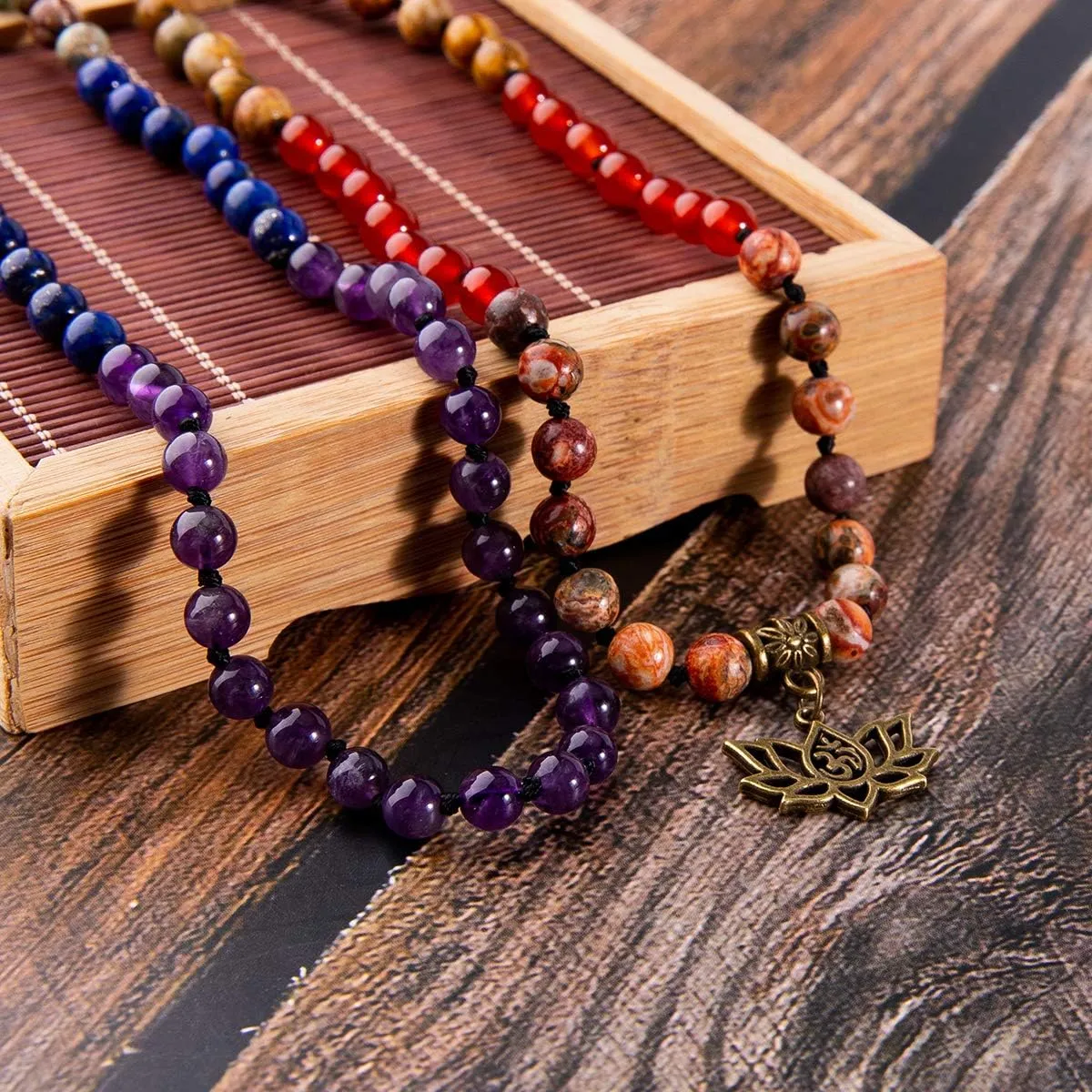 Bivei 7 Chakra 108 Mala Beads Bracelet Real Gemstone Yoga Meditation Hand Knotted Mala Prayer Bead Necklace