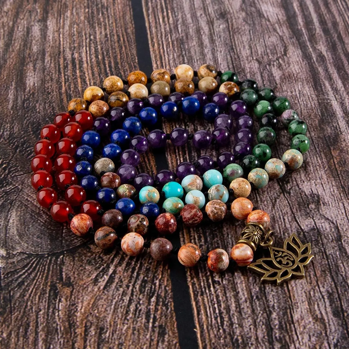 Bivei 7 Chakra 108 Mala Beads Bracelet Real Gemstone Yoga Meditation Hand Knotted Mala Prayer Bead Necklace