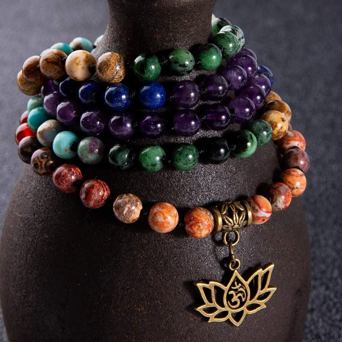 Bivei 7 Chakra 108 Mala Beads Bracelet Real Gemstone Yoga Meditation Hand Knotted Mala Prayer Bead Necklace