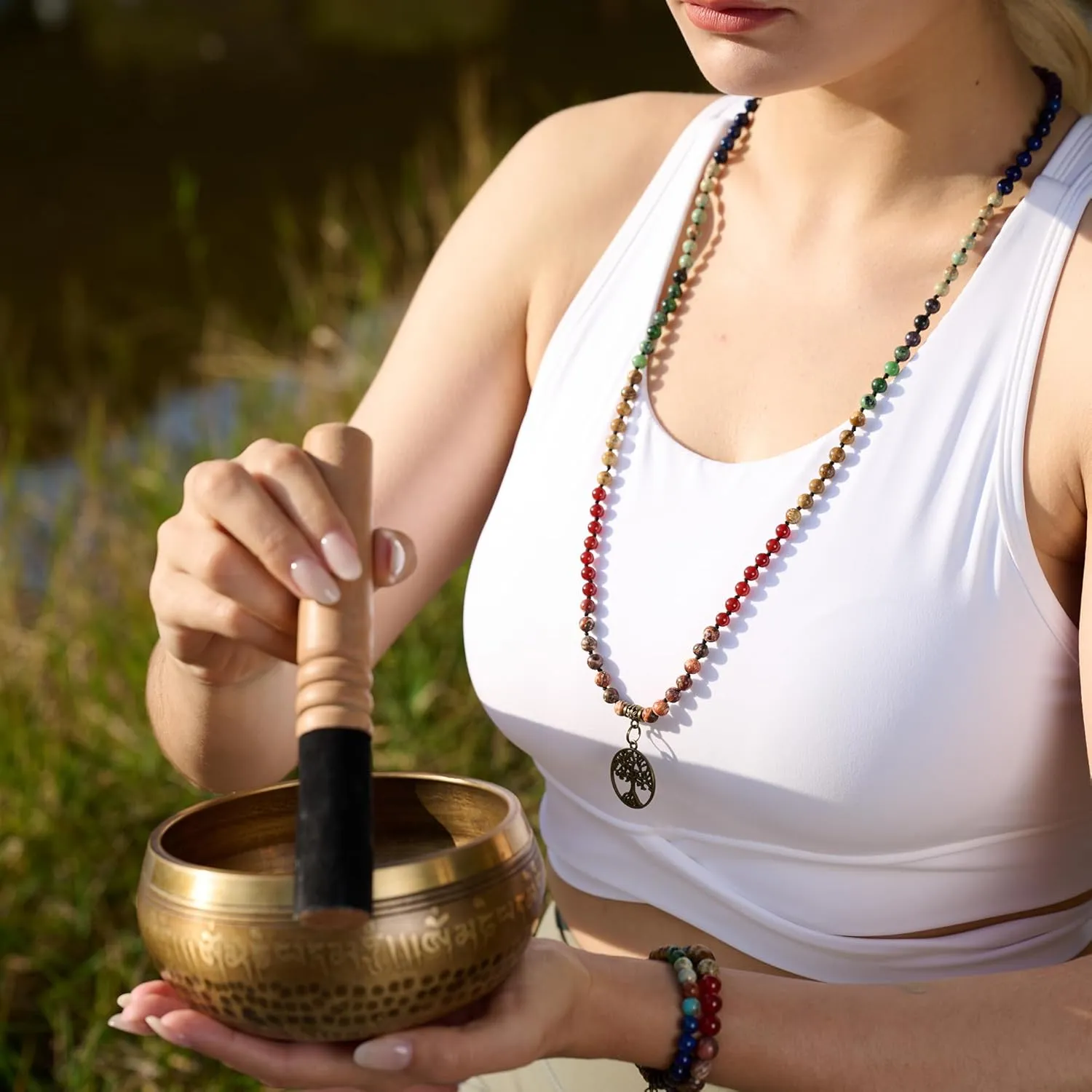 Bivei 7 Chakra 108 Mala Beads Bracelet Real Gemstone Yoga Meditation Hand Knotted Mala Prayer Bead Necklace