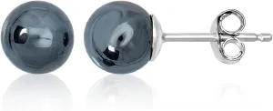 Black Hematite Ball Stud Earrings for Women Men Girls in Sterling Silver, Ball Size 6mm/8mm/10mm