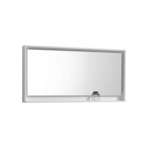 BLISS- 60" Gloss White, Mirror With Wood Frame and Bottom Shelf