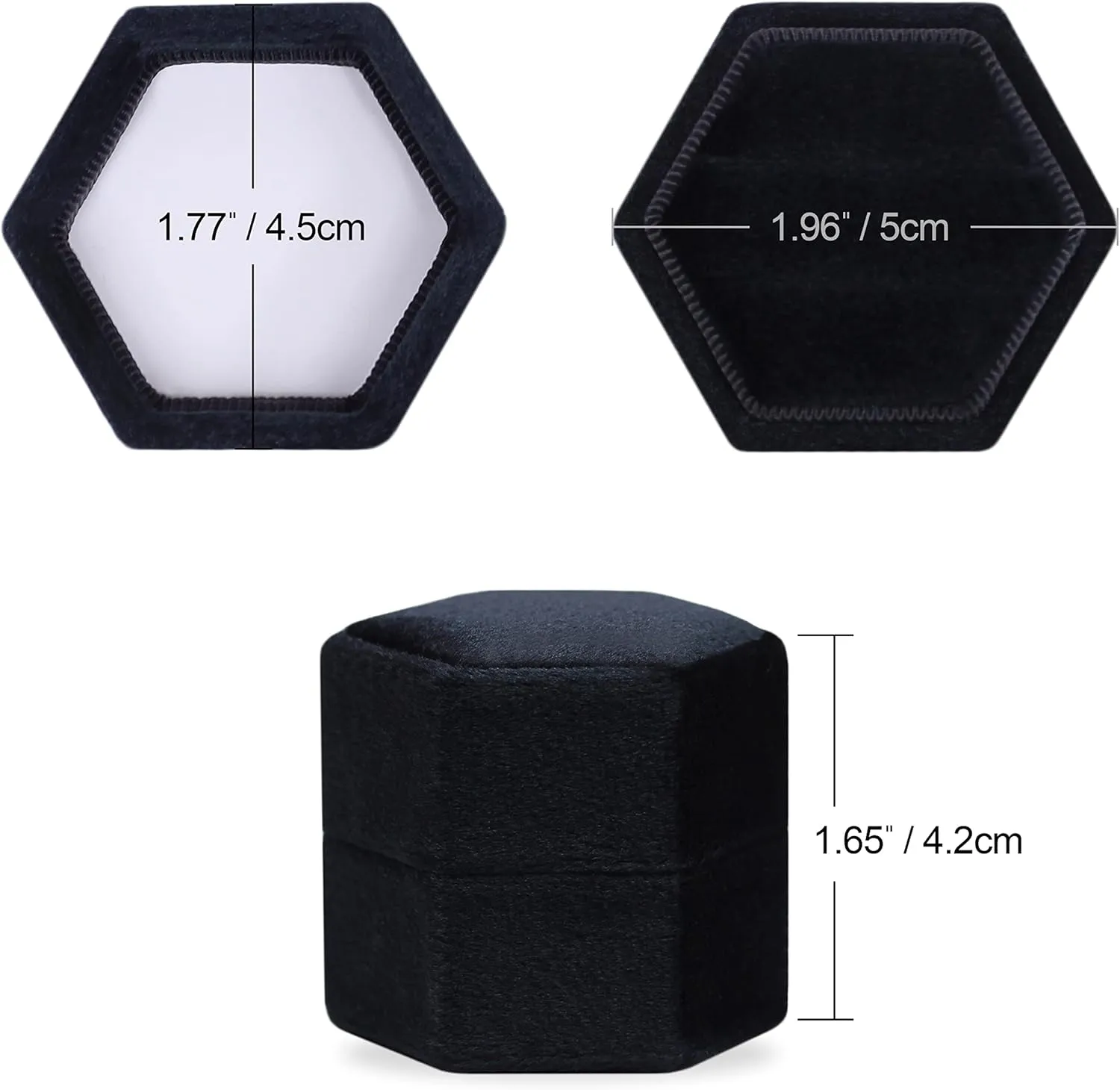 BLUTETE Hexagon Velvet 2 Slots Jewelry Ring Box Engagement Ring Box Wedding Day Detachable Lid for Proposal Engagement Wedding Ceremony (Black)