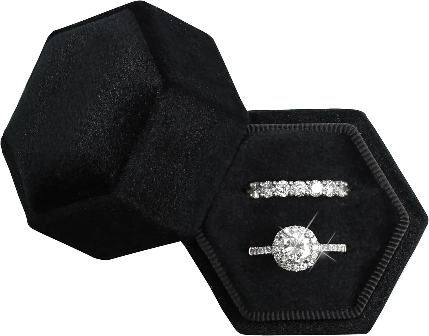 BLUTETE Hexagon Velvet 2 Slots Jewelry Ring Box Engagement Ring Box Wedding Day Detachable Lid for Proposal Engagement Wedding Ceremony (Black)