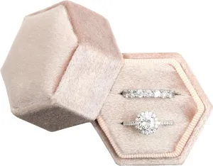 BLUTETE Hexagon Velvet 2 Slots Jewelry Ring Box Engagement Ring Box Wedding Day Detachable Lid for Proposal Engagement Wedding Ceremony (Blush Peach)