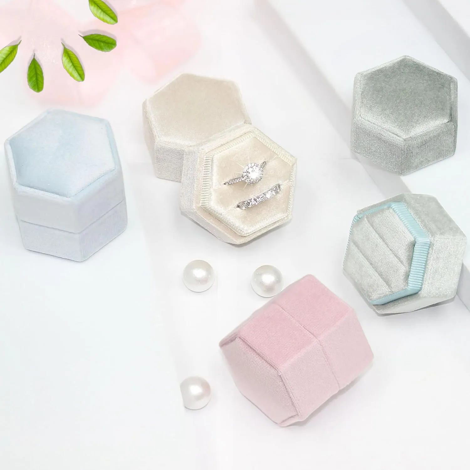 BLUTETE Hexagon Velvet 2 Slots Jewelry Ring Box Engagement Ring Box Wedding Day Detachable Lid for Proposal Engagement Wedding Ceremony (Blush Peach)